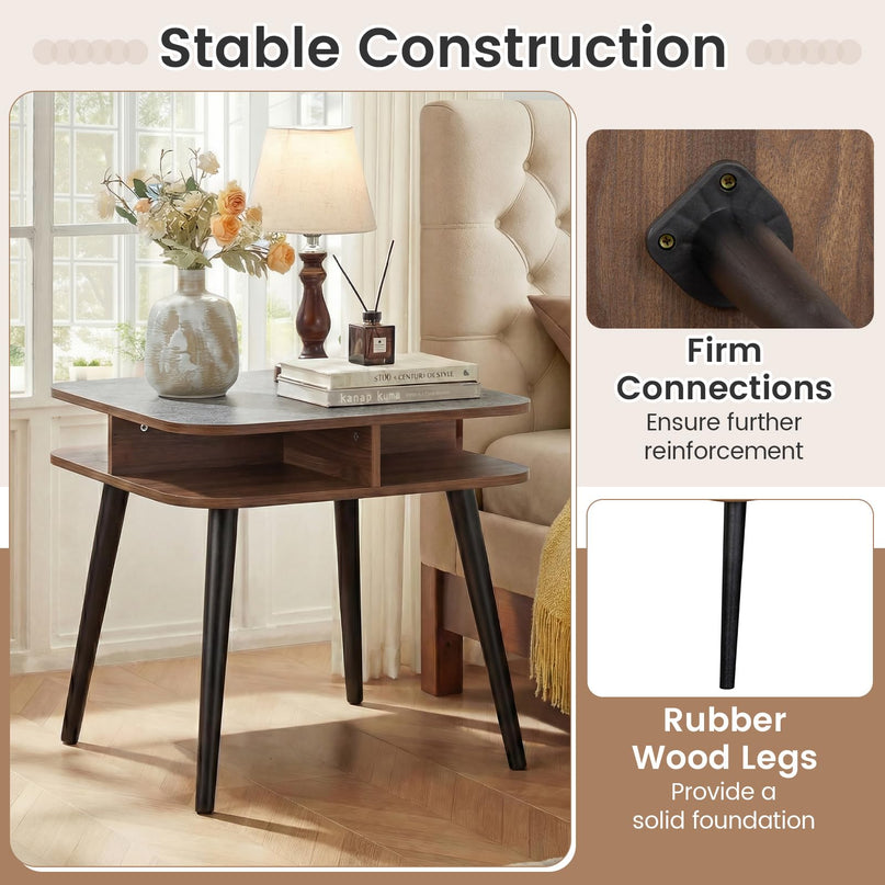 Table d'appoint à 2 niveaux en faux marbre Giantex avec étagères de rangement et pieds en bois d'hévéa