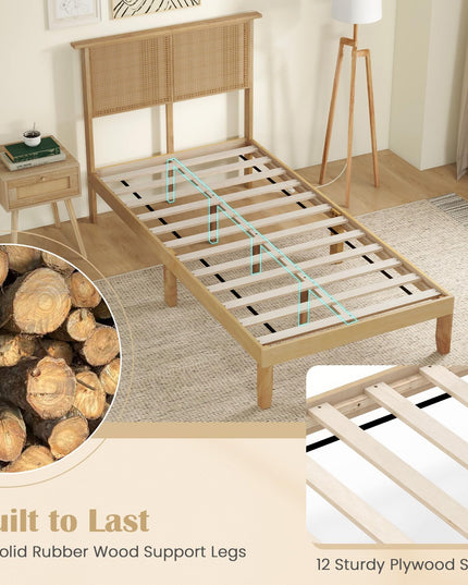 Giantex Bed Frames with Rattan Headboard, Boho Solid Wood Platform Bed with Wooden Slats