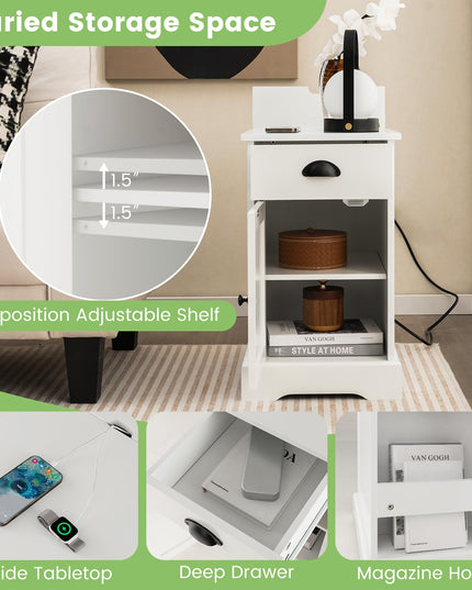 Table d'appoint Giantex avec station de recharge (lot de 2), table d'appoint à plateau relevable avec ports USB et prises électriques, blanc