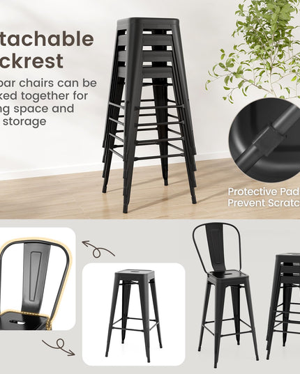 Giantex Metal Bar Stools Set of 4, 30" High Back Bar Height Chairs w/Footrest & Removable Backrest