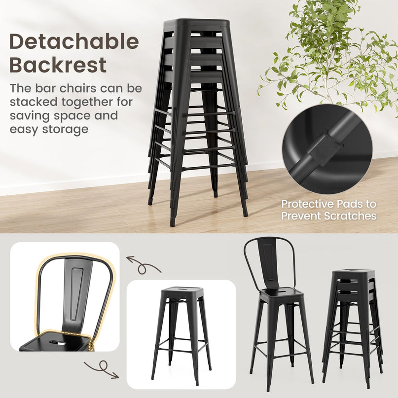 Giantex Metal Bar Stools Set of 4, 30" High Back Bar Height Chairs w/Footrest & Removable Backrest