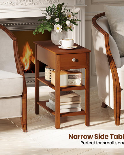 Ginatex Narrow Side Table Set of 2, Small End Tables with Drawer & Open Storage Shelves