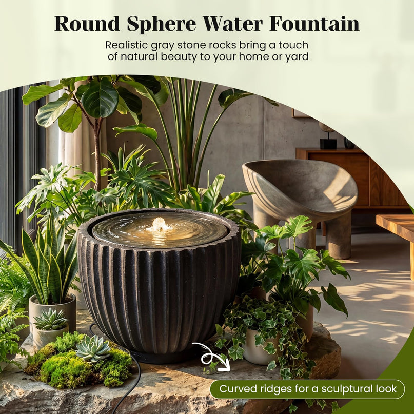 Giantex 17.5" Round Outdoor Water Fountain with 6 LED Lights & Adjustable Pump