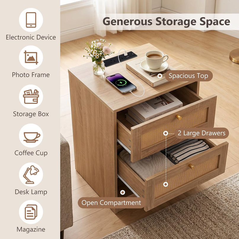 GIANTEX Rattan Nightstand with Charging Station for Bedroom