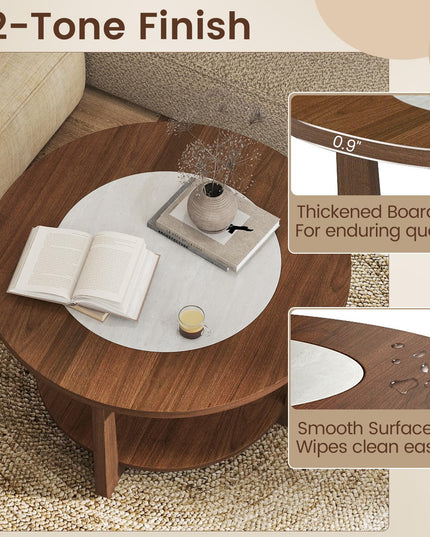 Giantex 2-Tier Round Farmhouse Coffee Table with 2-Tone Tabletop