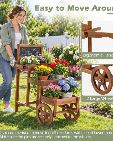 GIANTEX 3-Tier Wooden Plant Stand with Chalkboard & Wheels