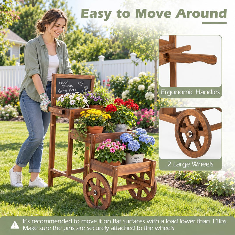 GIANTEX 3-Tier Wooden Plant Stand with Chalkboard & Wheels