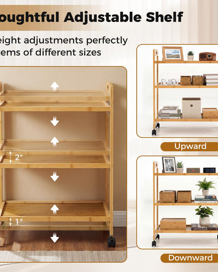 Giantex 3-Tier Rolling Storage Cart | Bamboo Utility Cart w/ 3 Side Hooks & Adjustable Shelves