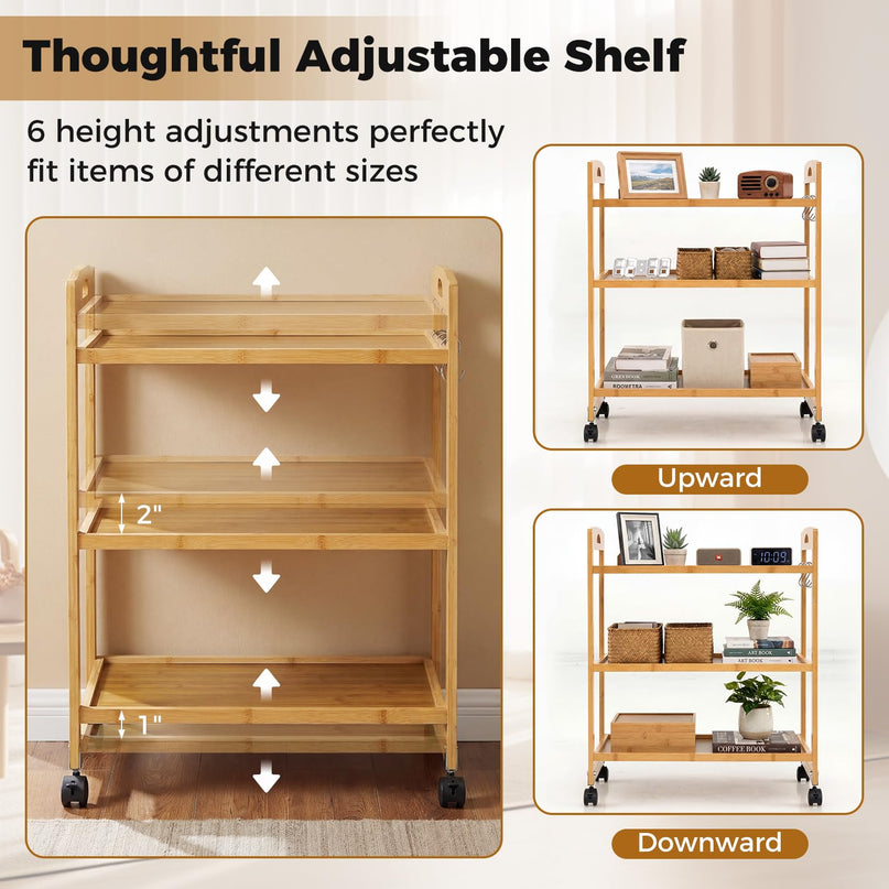 Giantex 3-Tier Rolling Storage Cart | Bamboo Utility Cart w/ 3 Side Hooks & Adjustable Shelves