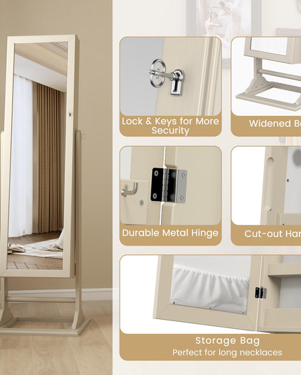 CHARMAID Jewelry Armoire with Full Length Mirror, Lockable Jewelry Cabinet with Large Jewelry Storage, 6 LED Lights, Inner Makeup Mirror