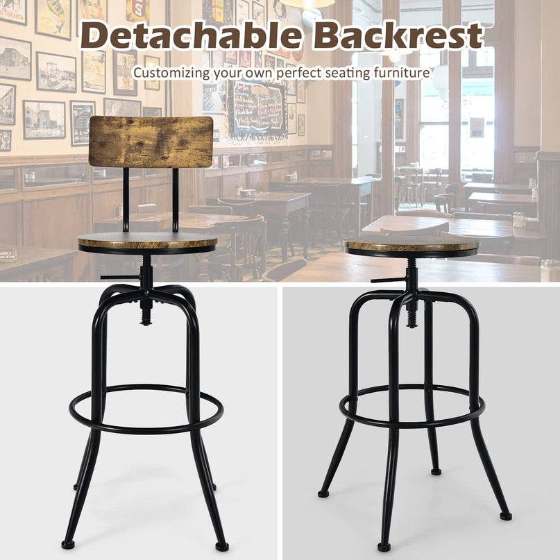 Industrial Bar Stool, Vintage Adjustable Swivel Counter Height Kitchen Dining Chair with Arc-Shaped Backrest