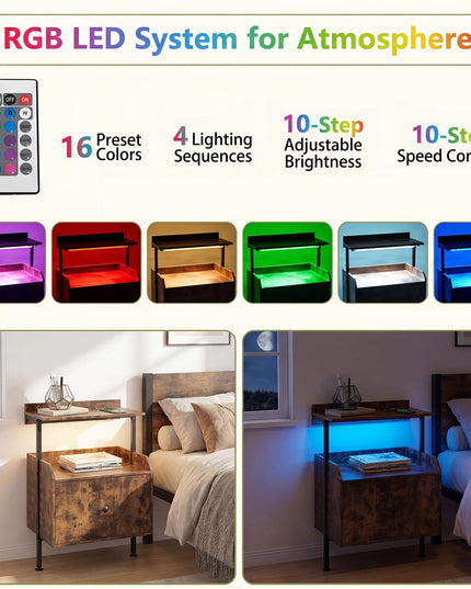 Giantex Nightstand w/Charging Station & LED Light for Bedroom Living Room Study