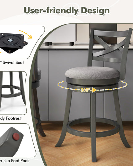 Giantex Wood Swivel Bar Stools Set of 2/4,  Upholstered Counter Height Bar Stools with X Back, Linen Cushioned Seat
