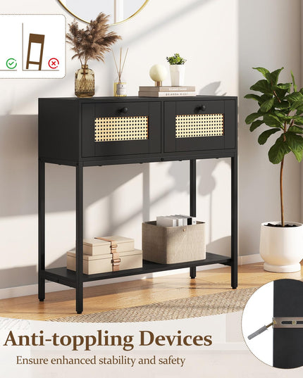 Console géante en rotin bohème de 81 cm avec 2 tiroirs et cadre en métal