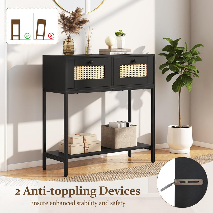 Console géante en rotin bohème de 81 cm avec 2 tiroirs et cadre en métal