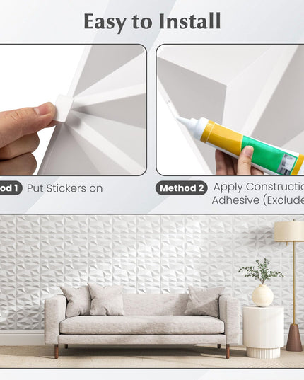 Giantex 12"x12" White PVC Decorative Wall Tiles with Diamond Pattern | 50/100 Pack 3D Wall Panels