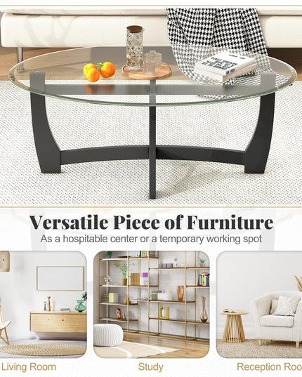 Giantex Glass Coffee Table, 48" Oval Accent Tea Table with Tempered Glass Top & Solid Wood Structure