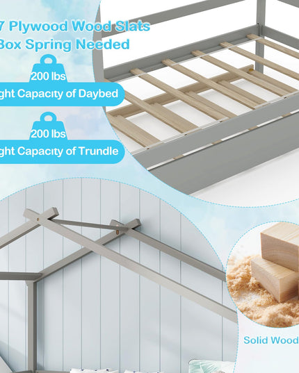 Giantex Wood House Bed for Kids, Twin Bed Frame with Trundle Bed Twin