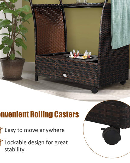Giantex Rolling Wicker Cart Rattan Bar Cart Outdoor Serving Cart Wicker Trolley Portable Kitchen Trolley Cart W/Shelves and Big Drawer