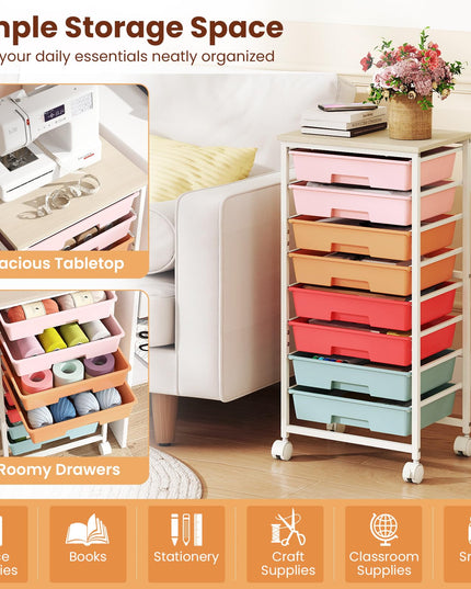 Giantex 8 Drawers Rolling Cart with Wheels Wood Top Sturdy Frame