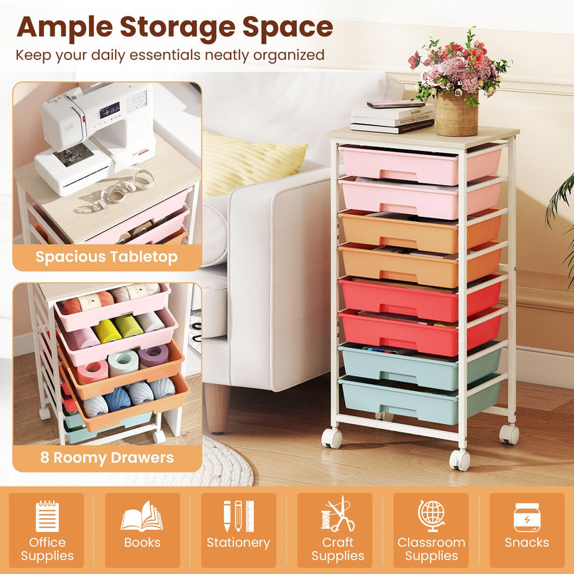 Giantex 8 Drawers Rolling Cart with Wheels Wood Top Sturdy Frame