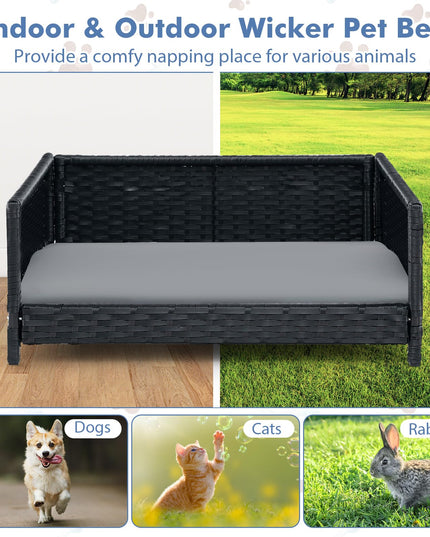 Giantex Wicker Dog Bed, Raised Woven Rattan Pet Bed Sofa Couch w/Waterproof & Washable Cushion