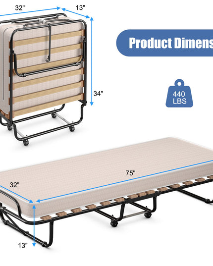 Giantex Folding Bed with Mattress for Adults, 75" x 32" Rollaway Guest Beds w/ 3 Inch Foam Mattress & Sturdy Metal Frame