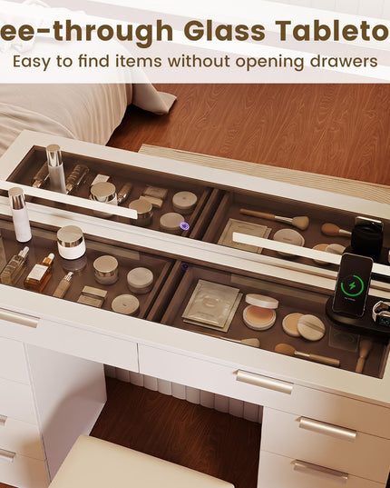 CHARMAID 56'' Vanity Desk with Lighted Mirror Glass Top Charging Station