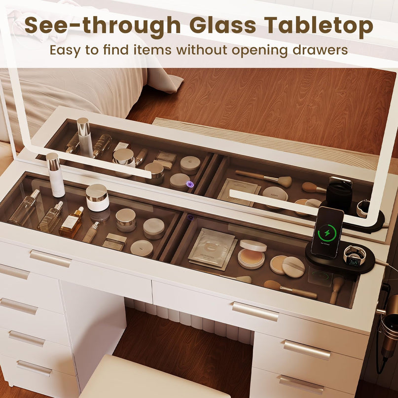 CHARMAID 56'' Vanity Desk with Lighted Mirror Glass Top Charging Station