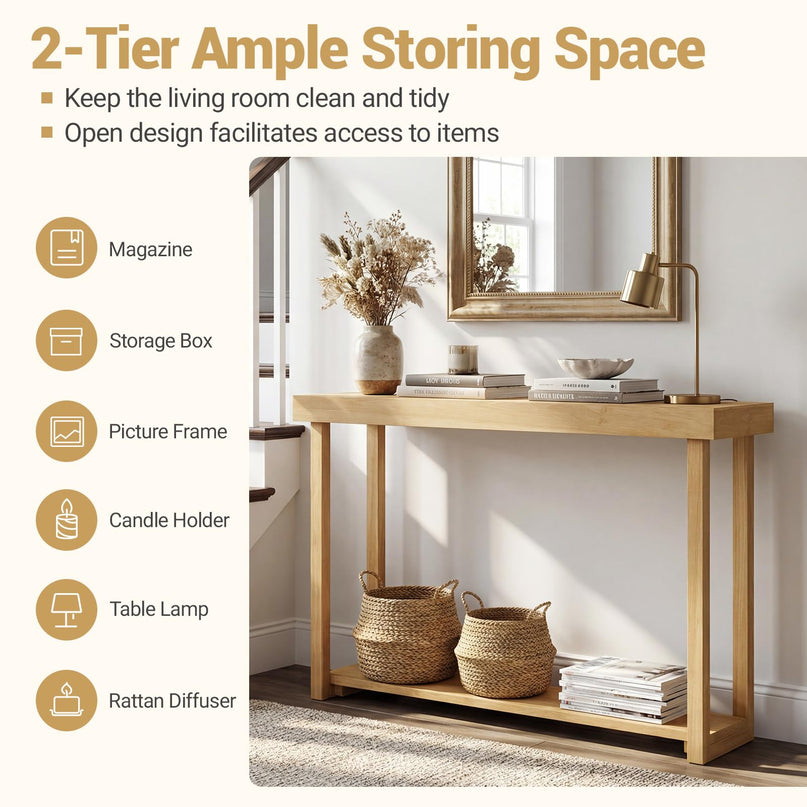Giantex Console en bois massif à 2 niveaux avec cadre en bois de teck et étagère de rangement (46" x 12" x 32")