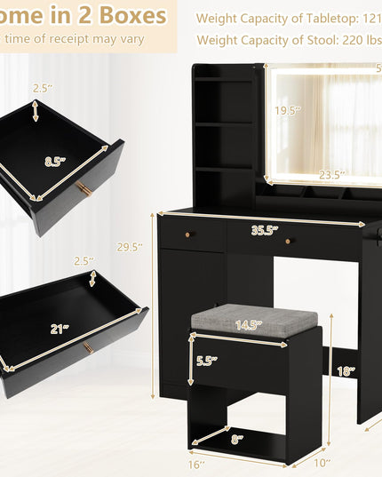 CHARMAID Vanity Desk with Mirror and Lights, Makeup Vanity Desk with Drawers, Shelves, Side Cabinet