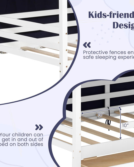Giantex Twin House Bed with Tent, Wood Kids Bed with 2 Storage Drawers, Solid Wood Daybed Frame with Rails and Roof