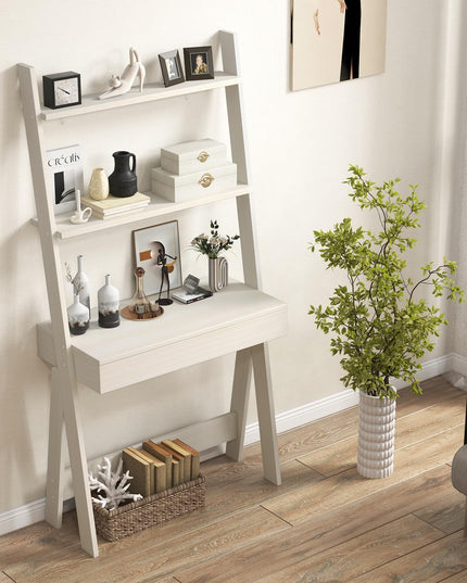 Giantex 3 Tier Ladder Desk with Drawer, 33’’ Width Ladder Shelf with Anti-tipping Device, Freestanding Bookshelf