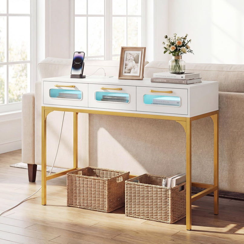 Giantex 35.5" Console Table with Charging Station & 3 Drawers