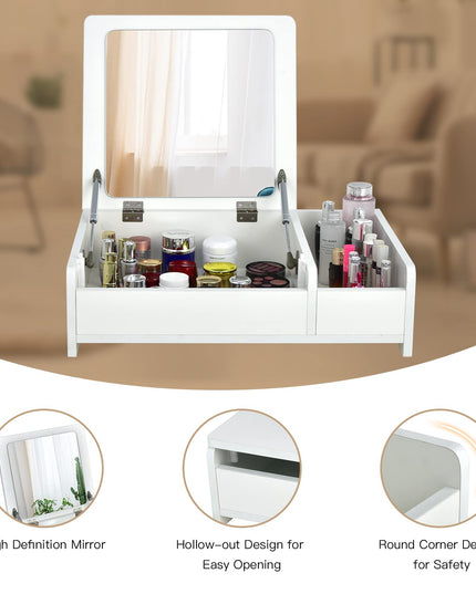 Countertop Vanity with Flip Top Mirror, 24inch Tabletop Laptop Desk with 2 Compartments Organizer