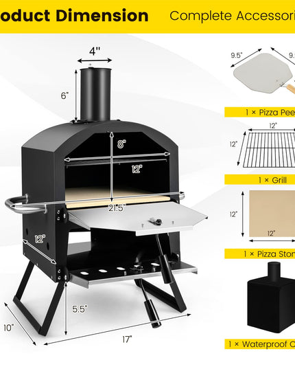 Giantex Outdoor Pizza Oven Wood Fired, 2-Layer Pizza Maker with Pizza Stone, Pizza Peel (Black)