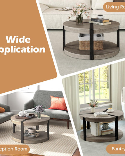 Giantex Round Coffee Table with Open Storage Shelf & Rubber Wood Frame