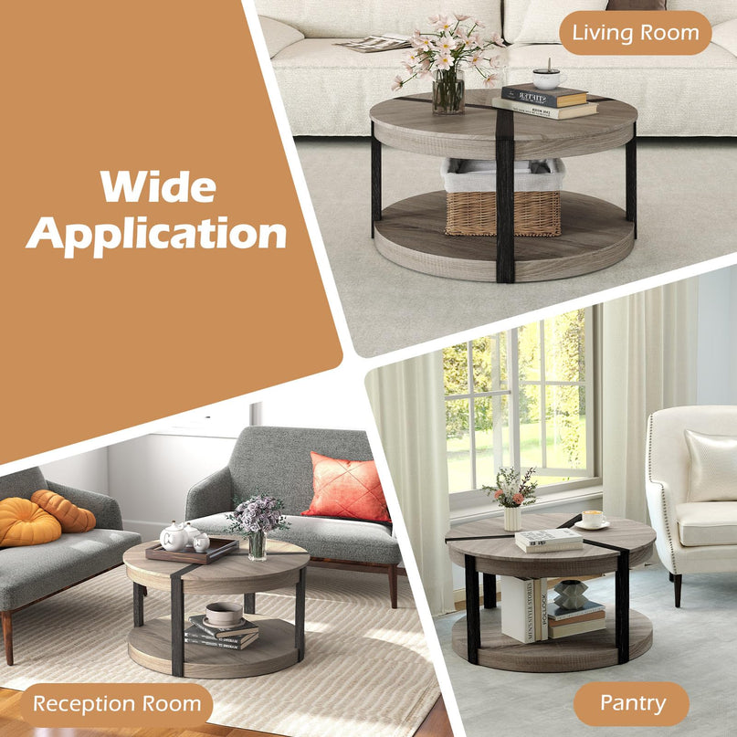 Giantex Round Coffee Table with Open Storage Shelf & Rubber Wood Frame