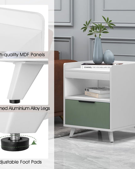 Giantex Nightstand with Drawer, 3-Tier Bedside Table with Storage Drawer & Open Compartment