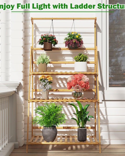Giantex Plant Stand Indoor Outdoor - Bamboo 3-Tier Hanging Tall Ladder Flower Pot