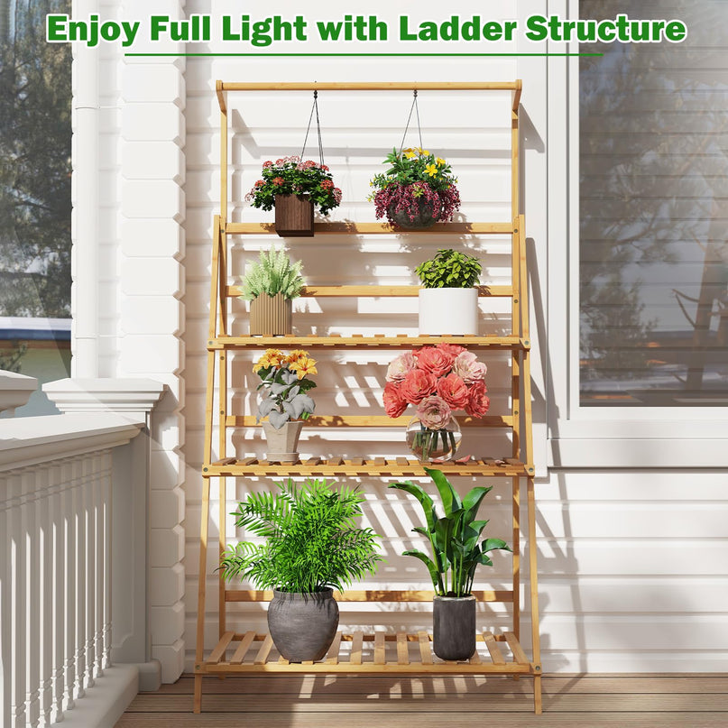 Giantex Plant Stand Indoor Outdoor - Bamboo 3-Tier Hanging Tall Ladder Flower Pot