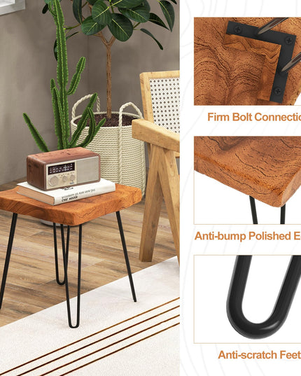 Giantex Teak Wood End Table, Solid Live Edge Outdoor Side Table w/Natural Grain & Heavy-Duty Metal Legs