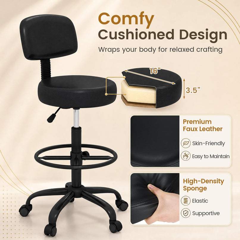 GIANTEX Drafting Chair with Back Adjustable Foot Rolling Stool with Wheels(1/2)