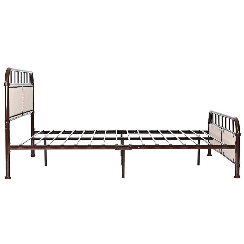 Queen Size Vintage Metal Platform Bed with Button Tufted Headboard & Footboard