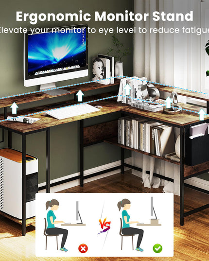 Giantex L Shaped Desk with LED Light & Power Outlets Ergonomic Home Office Desk