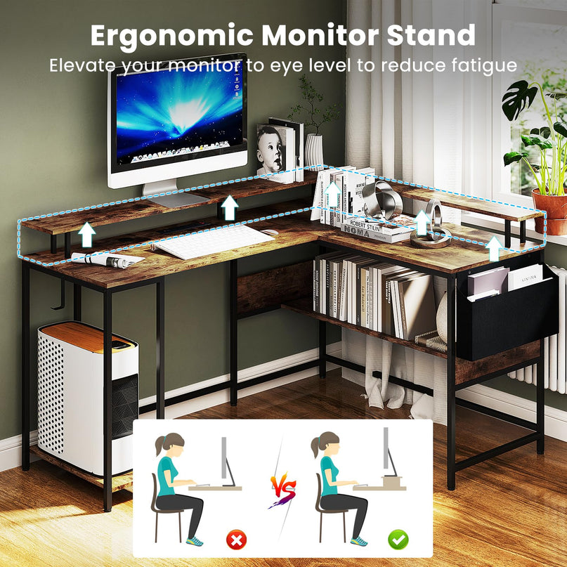 Giantex L Shaped Desk with LED Light & Power Outlets Ergonomic Home Office Desk