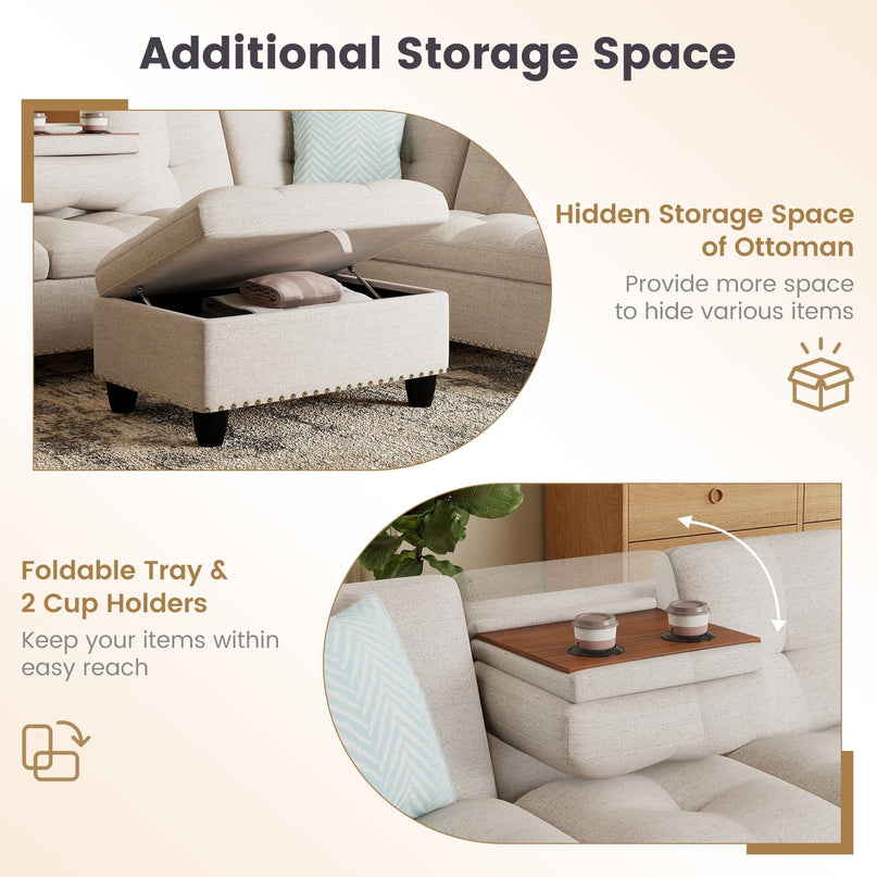 Giantex 98" L Shaped Sofa with Movable Storage Ottoman
