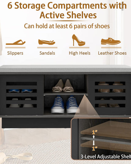 Giantex Entryway Shoe Storage Bench - Shoe Rack w/Seat Cushion & 6 Storage Compartments