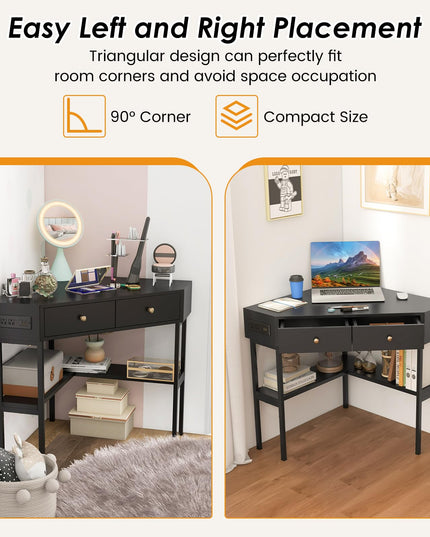 Giantex Corner Desk with Charging Station, 90 Degree Triangle Computer Desk with 2 Drawers & Storage Shelf