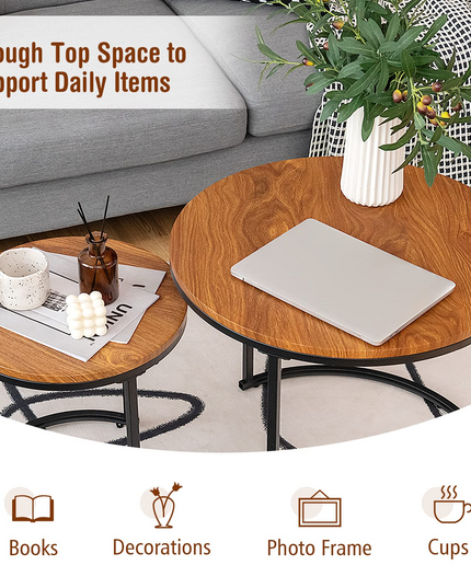 Nesting Coffee Table Set of 2, Round Stacking Side Tables w/Wooden Tabletop & Steel Frame